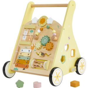 labebe Wooden Baby Walker, Push Walker for Baby Boys and Girls with Activity Center, Montessori Walker Push Toy for Toddler Learning to Walk