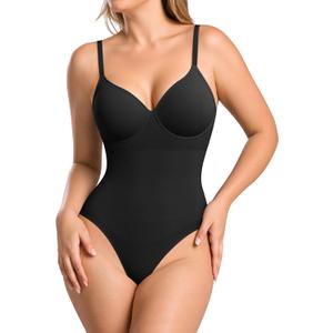 BRABIC Shapewear Bodysuits for Women Tummy Control Shapewear Seamless Deep V-Neck Body Shaper with Built-in Bra(Black, Small)