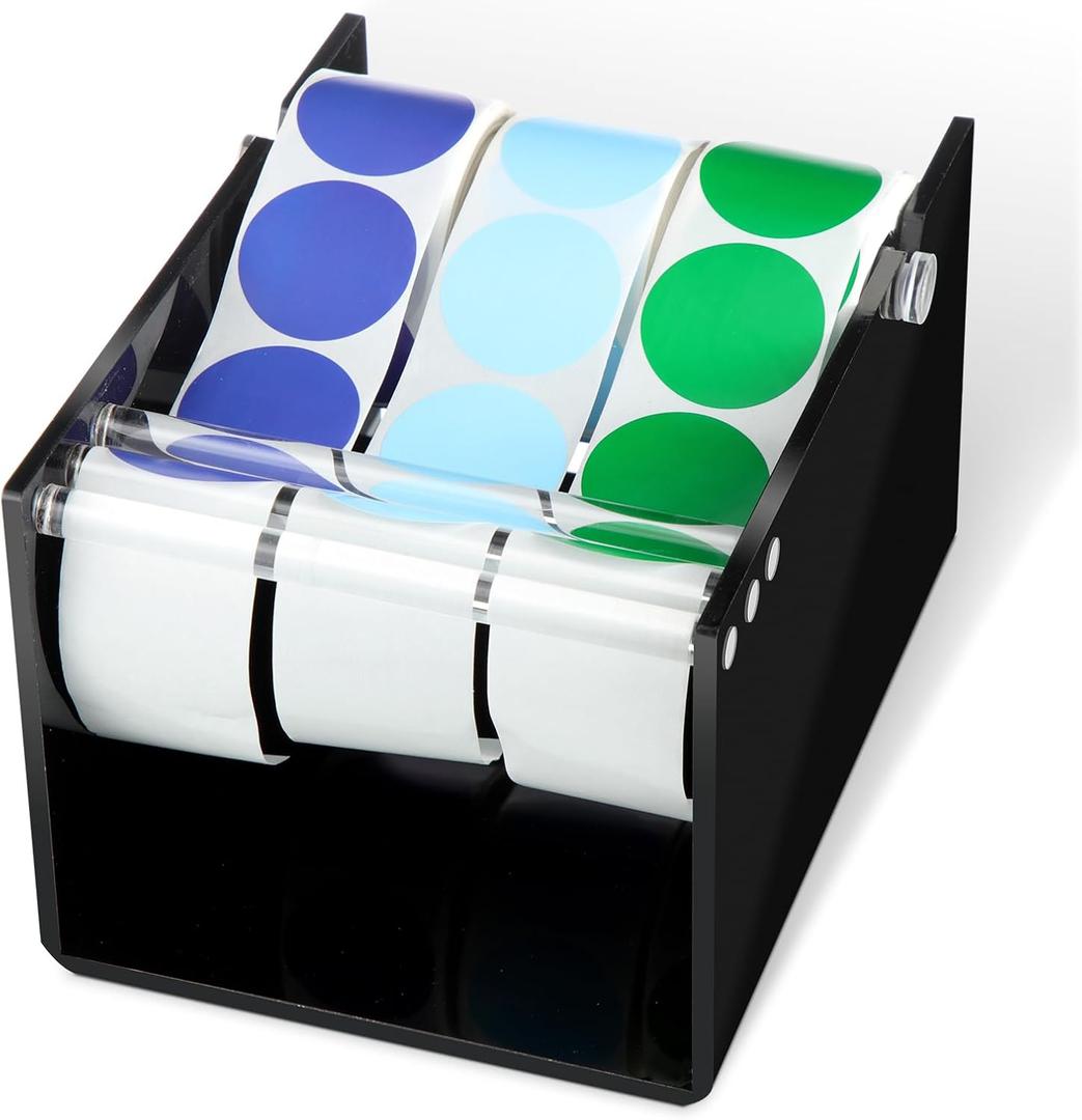 1 Pcs Adjustable Label Dispenser 3 Disks Sticker Roll Holder Sticker Dispenser Label Roll Holder Acrylic Tape Organizer Stand for Office Home Desktop(Black)