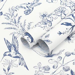 Safiyya Peel and Stick Modern Wallpaper Floral Birds Contact Paper Blue and White Wallpaper Boho Removable Self Adhesive Wall Paper Vinyl Rolls 393"x17.3"