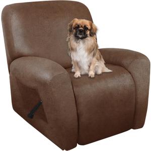 Recliner Chair Covers Leather Like, 4 Pieces Lazy Boy Recliner Cover, Furniture Protector - Washable Soft Sofa Slipcover for Pets Kids (Brown) (1 Seater)