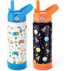 Fimibuke Kids Insulated Water Bottle, 18oz BPA FREE Kids Cups with Straw Double Wall Vacuum Tumbler 18/8 Stainless Steel Leak Proof Toddler Water Bottle for School Boys Girls (2 Pack, Game+Space)