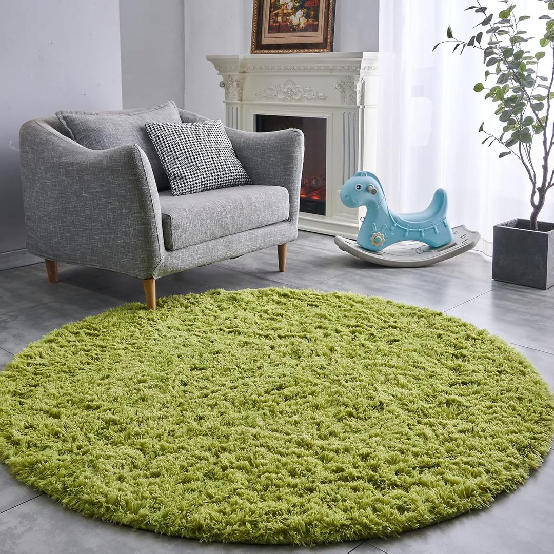 FJZFING Grass Green Round Rug Ultra-Soft Plush Modern 4x4 Circle Area Rug for Kid's Bedroom, Fluffy Shag Circular Rug for Nursery Room, Cute Grass Green Carpet for Teen's Room (4x4 Feet, Grass Green)