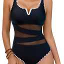 Blooming Jelly Women One Piece Swimsuit Sexy Mesh Swim Suit Tummy Control Slimming Bathing Suit Neon Sport Swimwear (Small, Black White)
