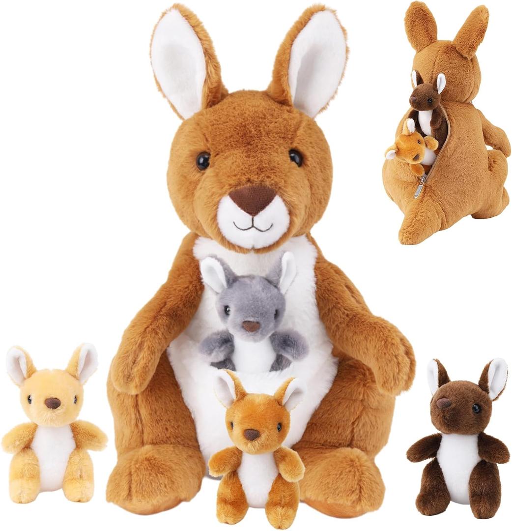 5 PCS Kangaroo Stuffed Animal, 16 Inch Mommy Stuffed Kangaroo Plush Toy with 4 Babies Insides, Kangaroos with Joey Plush Toys and Pouch for Kids Birthday Gift Christmas Party Favors