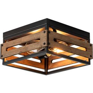 MAYNA Farmhouse Ceiling Light, 2-Light Rustic Flush Mount Ceiling Light with Metal and Wood, Farmhouse Hallway Light Fixtures for Kitchen Entryway Bedroom Dining Room (Brown)