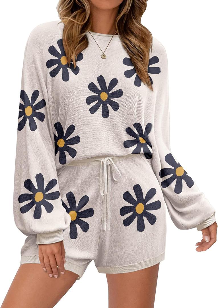 Ekouaer Knit Pajamas Set for Women Lounge Wear Sets Long Sleeve Sweatsuit Matching 2 Piece Outfits Casual Sweater Sets S-XXL (Medium, Floral White)