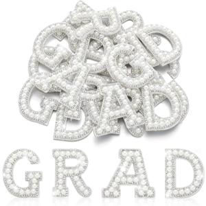 Glenmal 20 Pcs Graduation Pearl Rhinestone Letter Patches Self Adhesive Grad Letters Patches for DIY Clothing High School College Graduation Party Supplies for Bags Backpacks Hats