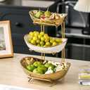 3-Tier Gold Fruit Bowl & Tray with Metal Stand - Ceramic White, Triple Layer for Snacks, Nuts, Bread & Candy Storage, One Size