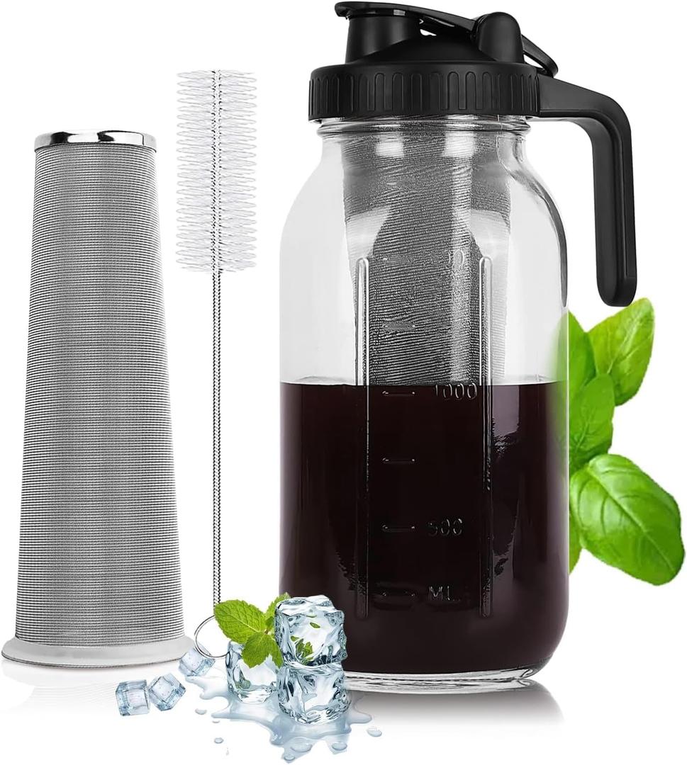 Cold Brew Coffee Maker - 64 Oz Heavy-Duty Glass Mason Jar Pitcher with Stainless Steel Filter, Leak-Proof Lid, Ergonomic Handle & Precision Pour Spout  Ideal for Iced Coffee, Tea, Cold Brew (Black)