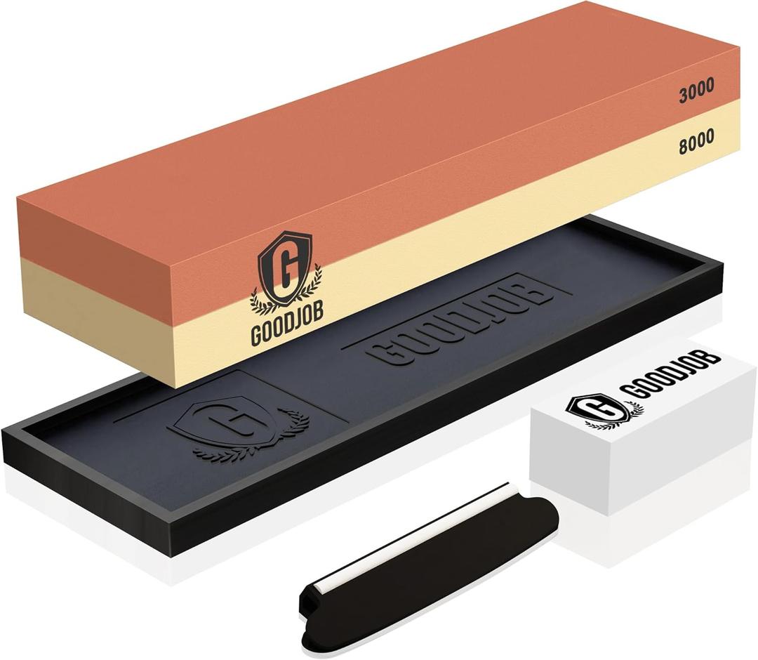 Knife Sharpening Stone Kit - Goodjob Premium Japanese Whetstone Knife Sharpener Stones Set - Dual Grit 3000/8000 Water Stones with Non-Slip Silicone Base, Angle Guide, Flattening Stone
