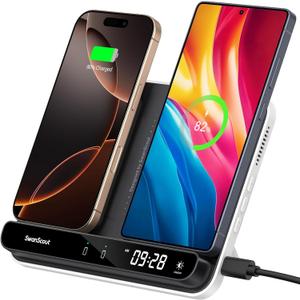 Dual Wireless Charger Stand, SwanScout 504, Foldable Wireless Charging Station Pad for iPhone 16/15/14 Series, Samsung Galaxy S25/S24/S23, Google Pixel 9/8/7, Android Phones, AirPods/Galaxy Buds