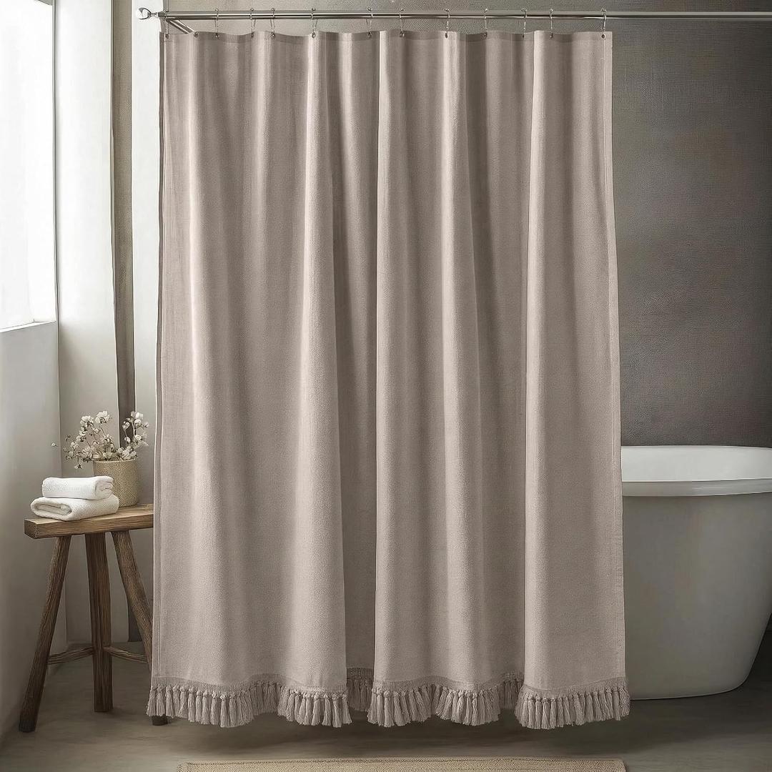 96inch Extra Long Shower Curtains 72 x 96 Inches Taupe Shower Curtain Linen Shower Curtain with Tassels Boho Shower Curtains for Bathroom Rustic Farmhouse Shower Curtains Bath Decor
