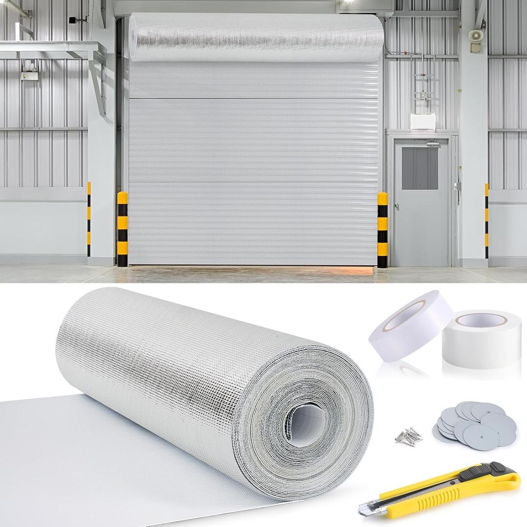 Tandefio Roll up Garage Door Insulation Kit for Cooling Metal Buildings White Reflective Foam Aluminum Foil Summer Barrier Warehouse Insulation Panels for 2 Doors 10'x10' or Large (40 in X 78.7 ft)