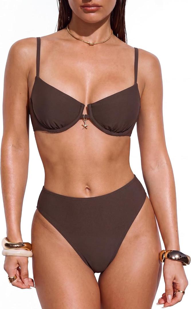 SUUKSESS Women High Waisted Underwire Bikini Set Cheeky High Cut 2 Piece Swimsuit (Brown, M)