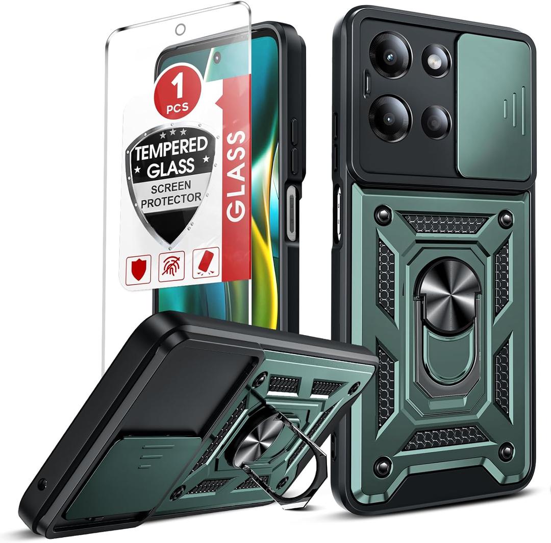 LeYi for Moto-G-2025 Case: Motorola Moto G 2025 Case with Tempered Glass Screen Protector, Military-Grade Protection with 360 Rotatable Kickstand, Green