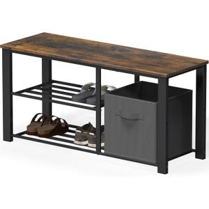 Simple Houseware 2 Tier Shoes Bench with Wood Top and Storage Bins, Rustic Brown 35"