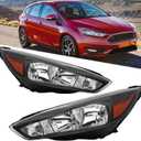 Headlights Assembly Compatible with 2015 2016 2017 2018 Ford Focus S | SE | ST Halogen Head Light Headlamp w/Bulb, Black Housing Amber Corner
