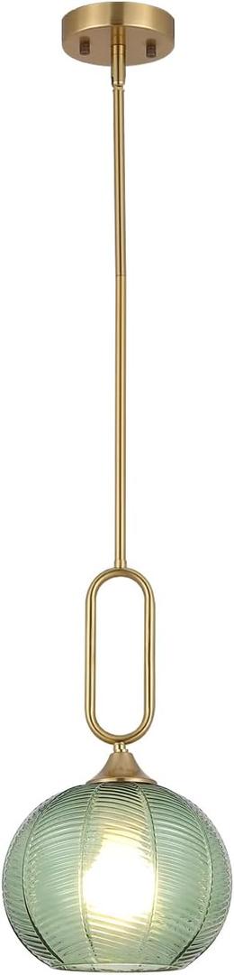 Green Glass Pendant Light Modern Globe Pendant Lighting Nordic Ribbed Gold Ceiling Hanging Chandelier with Brushed Brass Adjustable Rods Dining Room Kitchen Island Light Fixture