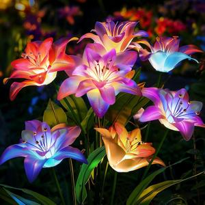 4 Pack Solar Flowers Lights Outdoor Waterproof with Lily, Yard Decorations Outdoor Garden Decor, Solar Garden Lights Outdoor Decor (Multicolor)