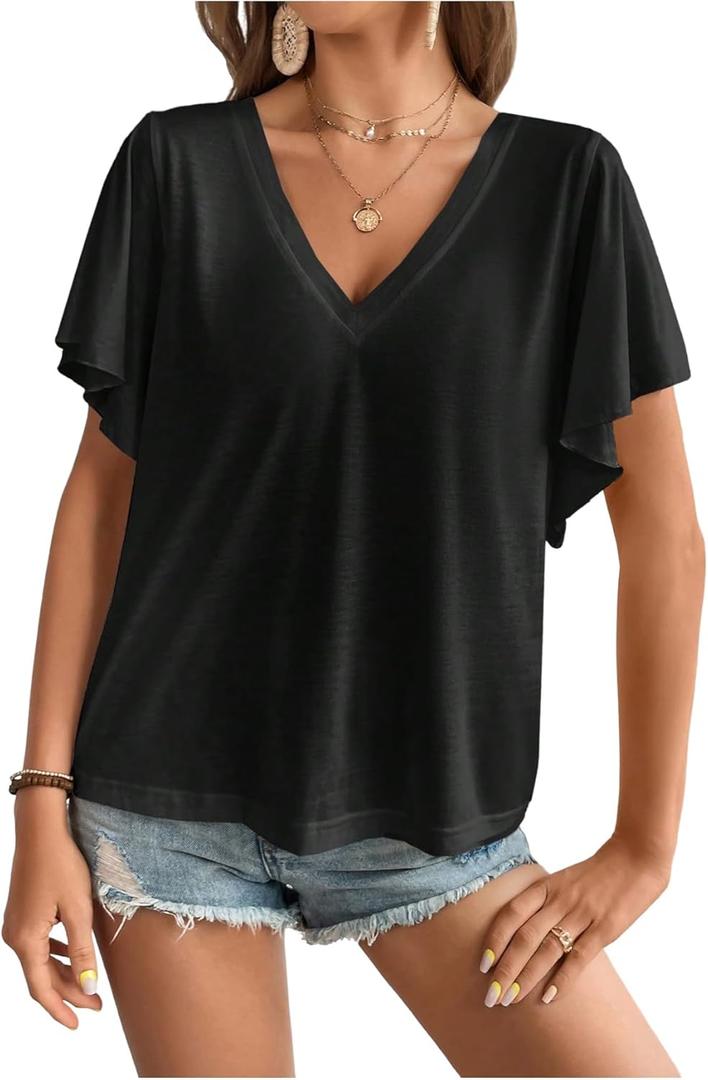 SweatyRocks Women's Summer Basic Short Sleeve Tops V Neck Blouse Casual Loose Going Out Top (Black)