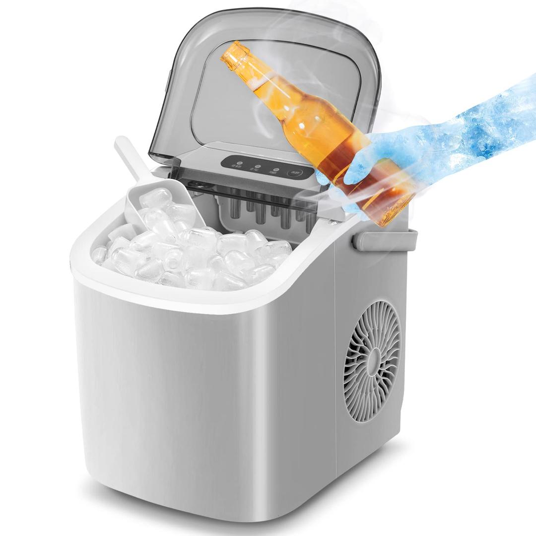 Xbeauty Ice Maker Countertop Ice Maker Machine with Handle 26Lbs/24H, 9 Ice Cubes Ready in 8 Mins Small Ice Maker, Portable Ice Maker with Ice Scoop and Basket for Home Kitchen Office Bar Party, Grey