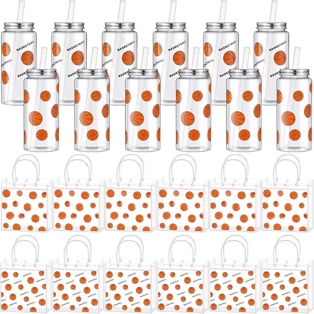 Reallnaive 24 Pcs Basketball Gift Bags Set Party Favors 7.9" x 7.9" x 3.5" Clear Basketball Goodie Bag and 14.2 oz Clear Reusable Plastic Bottles with Lid and Straw for Team Gifts Birthday Decoration