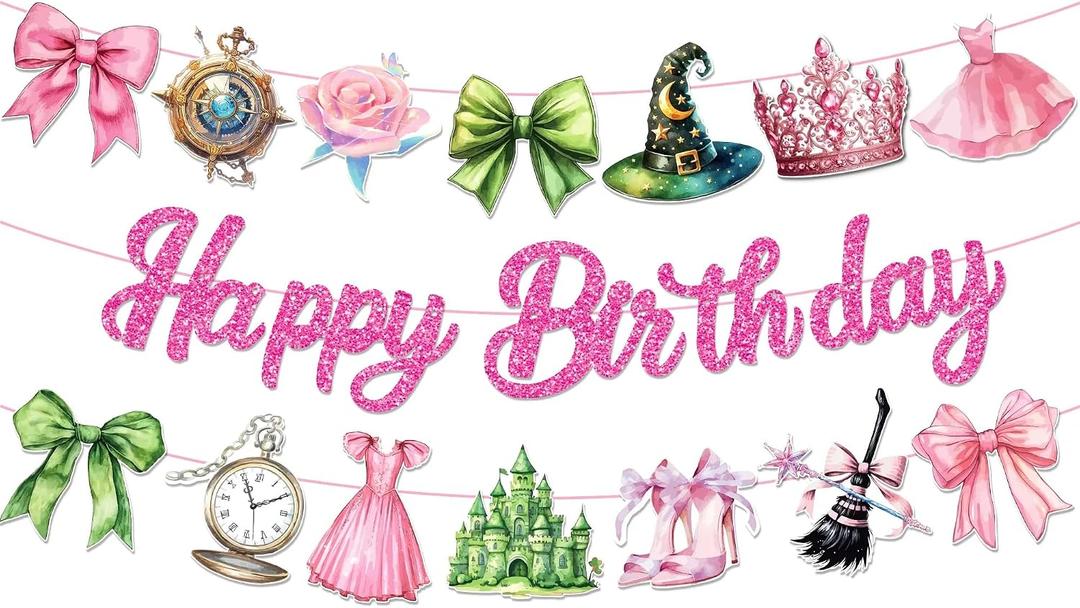 3 x Witch and Princess Happy Birthday Banner, Pink and Green Party Sign Decorations, Girl Boy Theme Supplies, Bday Kids 1st First Decor