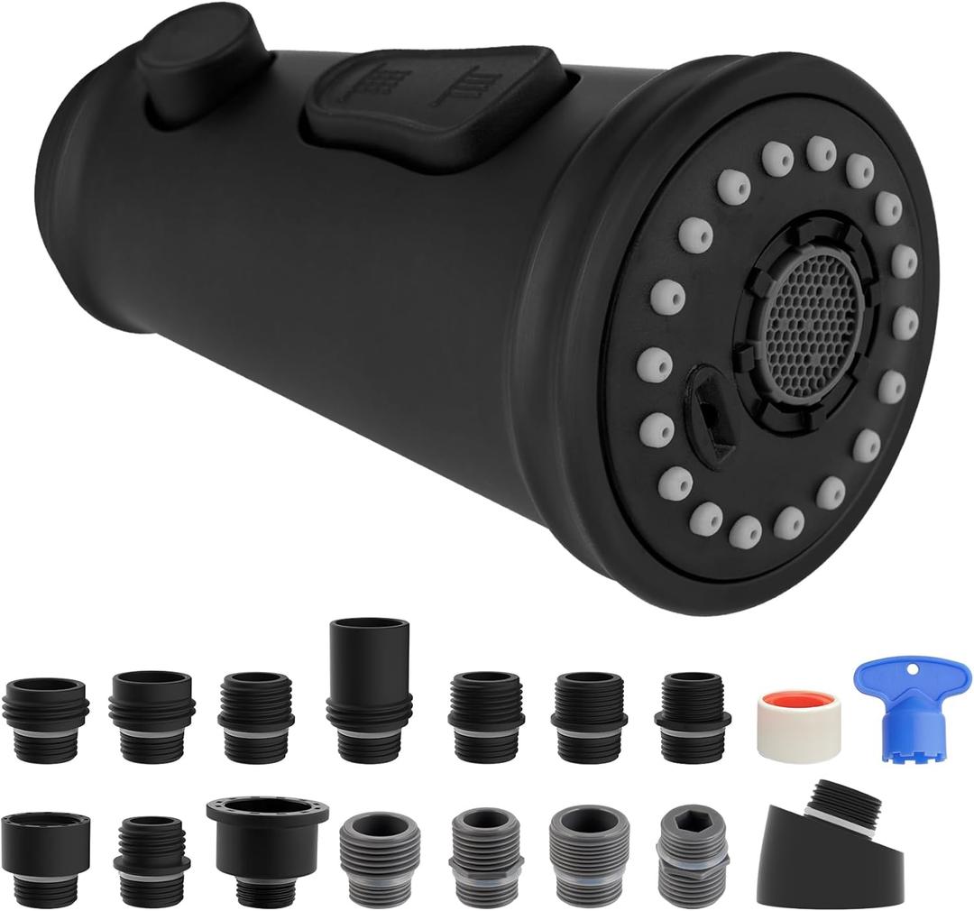 Hibbent Pull Down Kitchen Faucet Head Replacement, 3-Function Kitchen Sink Faucet Head Sprayer Head Nozzle with 15 Adapters, Compatible with Moen, American Standard, Delta, Kohler Faucets-Matte Black (Matte Black Finished)