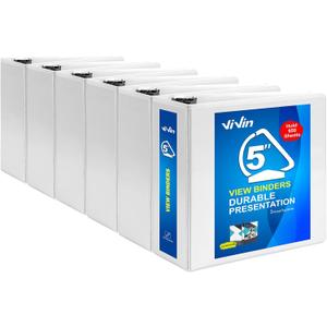 ViVin Durable 5 inch D Ring View Binder, Large 5" Slant-D Ring with 950-Sheet Capacity, Fit 8.5" x 11" Paper, 6 Pack(White)