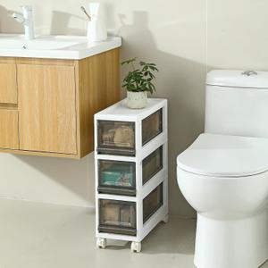 Plastic 3 Drawer Storage Organizer, Narrow Plastic Storage Drawers with Wheels, Storage Cart with Drawers for Small and Narrow Space, 7.87-inch Wide (white)