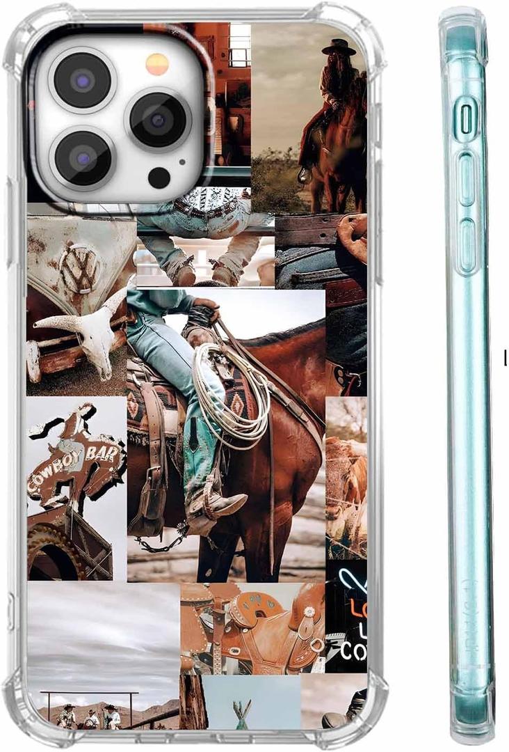 Case for iPhone 15 Pro Max with Cowboy Art Design,Cowgirl Riding Horse Wild West Scenery Pattern,Trendy Soft TPU Bumper Phone Cover(15pm,Western)