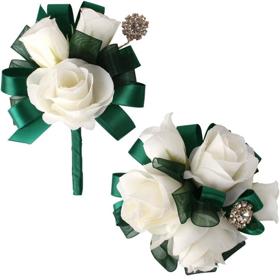 Ivory Rose Wrist Corsage and Boutonniere Set Artificial Flowers for Wedding Prom Homecoming Groom Bridal Party (Green and Ivory)