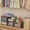 Extra-Long, Low-Profile Closet Organizers and Storage with Wood Top, 3 Pack Stackable Closet Shelf Organizer, Space-Saving Clothes Storage Bin for Wardrobe & Bedroom & Small Spaces, Sturdy Metal Black