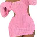 Sexy Off Shoulder Fuzzy Y2K Mini Dress for Women Strappy Backless Long Sleeve Party Club Birthday Dresses Date Night (Large, Pink)