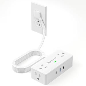 Kakyanill Surge Protector Power Strip, 10 ft Flat Extension Cord with 4 Outlets 3 USB Ports (2 USB C), Flat Plug Power Strip with 900 Joules Protection, Suitable for Home Office Dorm Room, White