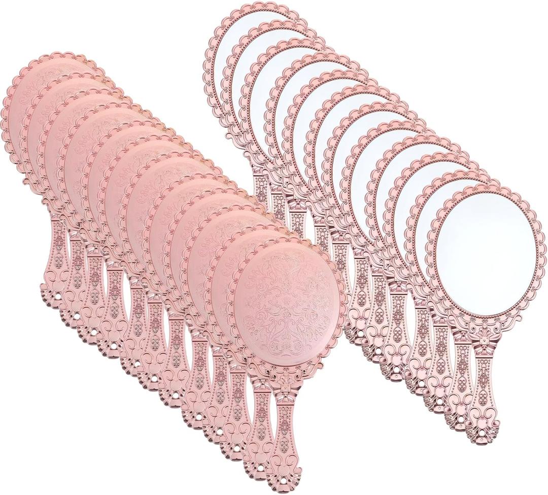 12 Pcs Vintage Handheld Mirror 9.6" L x 4.5" W Portable Pink Embossed Flower Mirrors Princess Mirror Party Favors Retro Hand Held Decorative Mirrors Bulk for Makeup, Travel, Party, Classroom