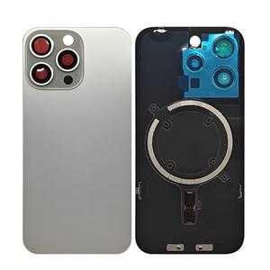 1Pcs/Lot Battery Cover Glass for iPhone 15 Pro Max Back Housing Replacement with Small Parts Metal Plate Magnetic for iPhone 15PM 2in1 Big Hole Back Glass Rear Door Case (Natural)