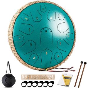 Steel Tongue Drum - HOPWELL 15 Note 14 Inch - Percussion Instrument - Hand Pan Drums with Music Book, Drum Mallets and Carry Bag, D Major, Malachite Green
