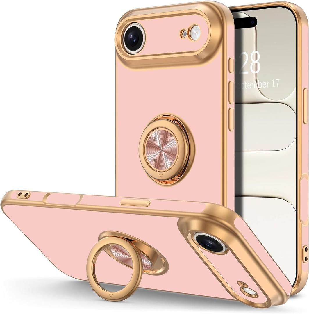 Hython for iPhone Air Case with Ring Stand, 360 Rotatable Ring Holder Magnetic Kickstand, Plating Rose Gold Edge Soft Cover Protective Phone Case for iPhone Air 6.5", Pink
