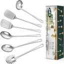 6 Pcs Cooking Utensils Set, Stainless Steel Kitchen Utensils, Heat Resistant Metal Kitchen Tools Include Solid & Slotted Turner Wok Spatula, Serving Spoon, Ladle, Pasta Server, Easy to Clean, Silver
