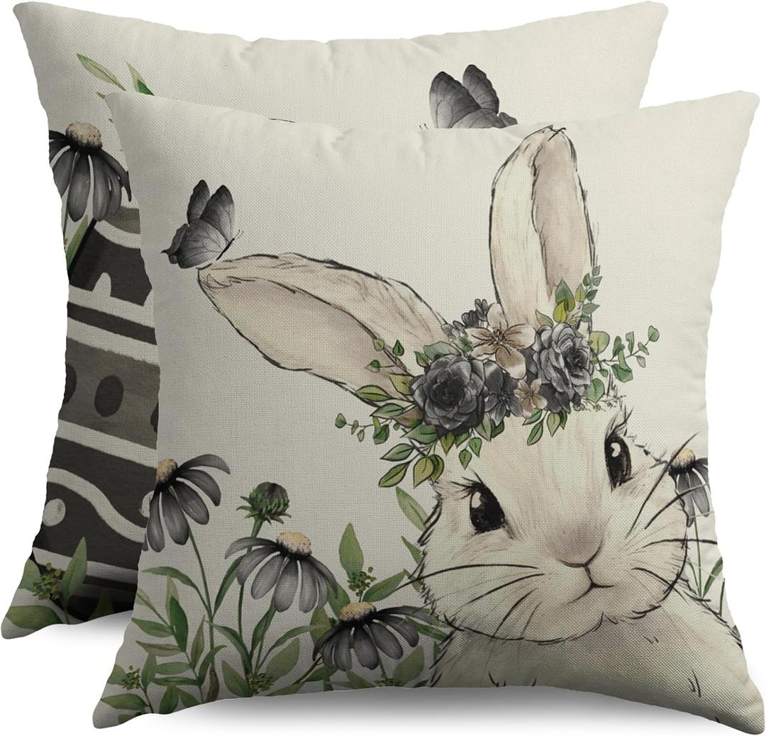 Spring Easter Pillow Covers 18X18 Set of 2, Bunny Rabbit Black Grey Floral Butterfly Egg Holiday Decorative Throw Pillowcases Vintage Seasonal Outdoor Farmhouse Cushion Cases Couch Sofa Bed Decor