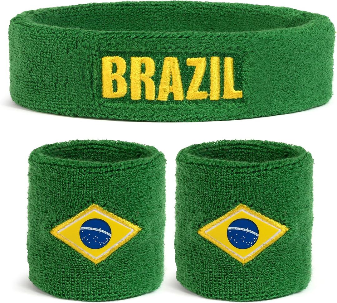 Suddora Country Headband & Wristbands Set (Includes 2 Wrist & 1 Head Sweatband), Highly Moisture Wicking (Brazil)