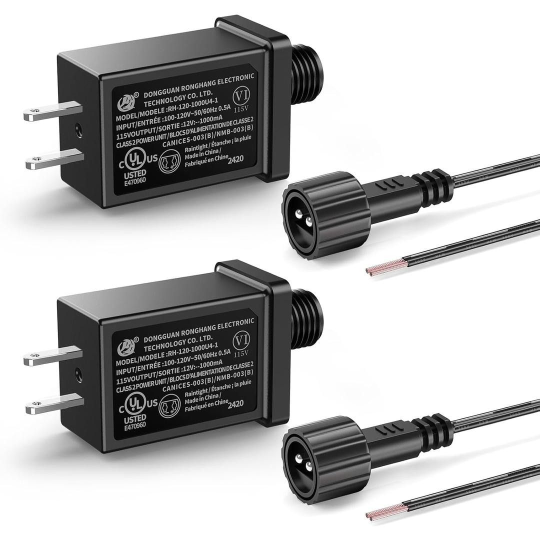 2Pack 12V 1.0A Replacement Yard Inflatables Adapter with 10ft Extension Cords, Low Voltage 12W Class 2 Power Supply, IP44 Transformer for Christmas Inflatables, LED Lights, Indoor Outdoor Decorations