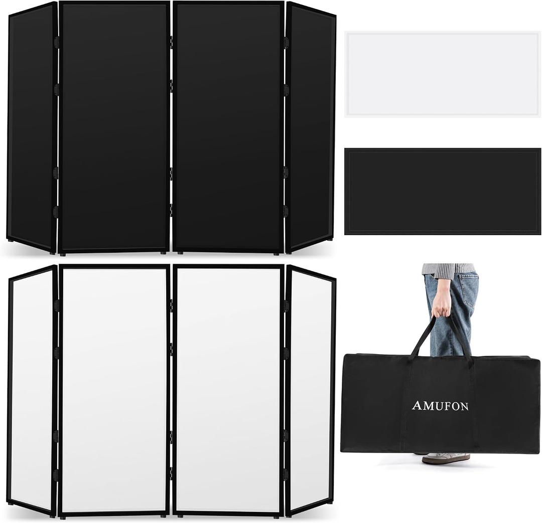 DJ Facade Booth, DJ Stand Portable Event Cover Screen with Foldable 4 Detachable Metal Frame Light Projector Display Scrim Panel Stand with Carry Bag for Party,Show,Gathering(White and Black)