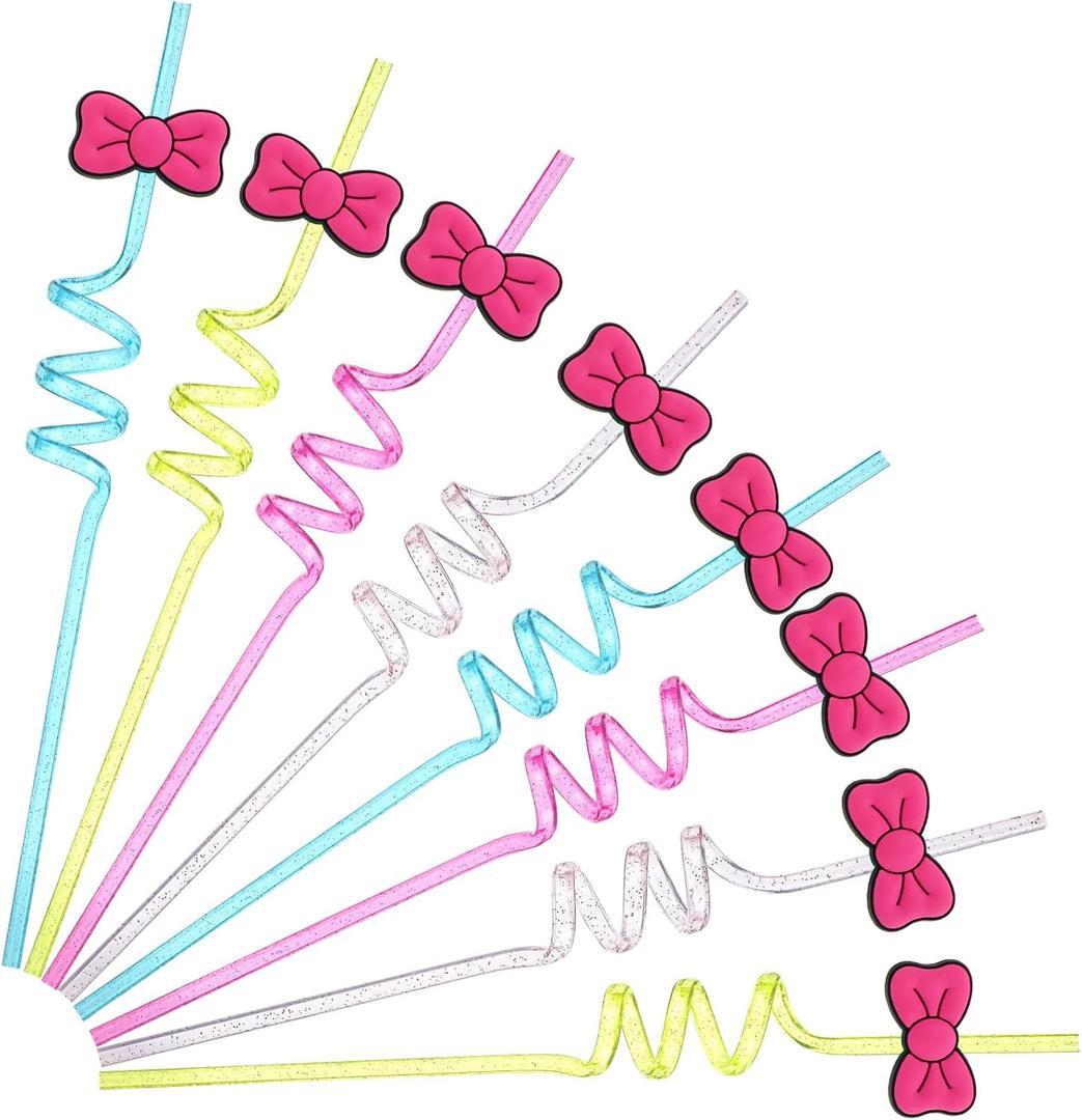 Potchen 16 Pcs Kitty Party Favors Pink Bow Spiral Drinking Straws Colorful Kitty Birthday Party Decorations for Christmas Kitten Supplies