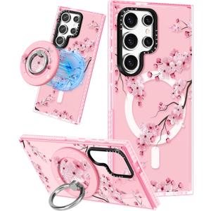 for Samsung Galaxy S23 Ultra Case for Women - Girls Funny Cute Design Compatible with Magsafe Magnetic Ring Holder Stand Peach Blossom Phone Covers Aesthetic Girly TPU Funda for S23 Ultra