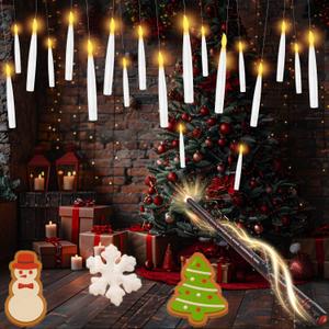 Floating Candles with Wand, 20 Pcs Magic Hanging Candles Halloween Battery Operated Candles LED Flameless Candle with Remote Halloween Floating Candles Hanging for Home Party (White)
