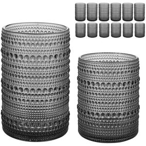 HomeVogue Hobnail Drinking Glasses Set of 12, 12oz & 15oz Vintage Glassware Set Cocktail Glass Set, Embossed Gray Water Tumbler,for Beer, Whiskey,Juice and Various Mixed Drinks