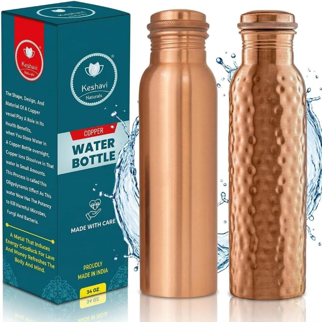 100% Pure Copper Water Bottle 34 oz (1 Liter) Plain & Hammered Copper Bottle Leak Proof Handcrafted Drinking Bottle Ayurvedic Benefits for Home Gym Office Travel Set of 2